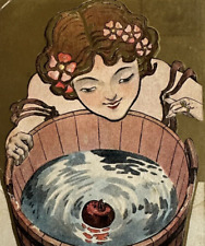 VTG 1909 Joyous Halloween Embossed Postcard Art Nouveau Lady Bobbing Apples picture