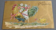 antique 1909 EASTER POSTCARD Embossed Rooster & chick Gold foil picture