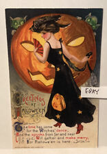Pretty Witch Owl Hat Goblins Giant Pumpkin John Winsch Halloween NEW POSTCARD picture
