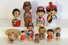 Large Lot of 11 Hand Painted Wood Tiny Kokeshi Bobble Head Nesting Doll Figures picture
