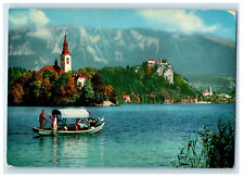 1969 View on the Lake, Boat Sailing, Mountain, Buildings BLED Slovenia Postcard picture