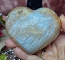 Beautiful Large Flashy Peach Moonstone Crystal Heart Carving 269g 8cm & Stand picture