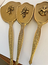 VTG 3 Pcs Vanity Mirror & Brush Dresser Set Brass Gold Tone Floral Design @133 picture
