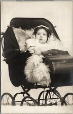 RPPC Most Adorable Baby in Stroller Wool Fur Blanket Cute Face c1918 Postcard V8 picture