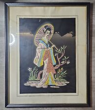 Vintage Mid Century Paint By Number Paintings On Black Velvet Geisha Asian Women picture