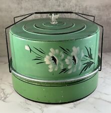 Vintage Metal Tin Locking Cake Pie Holder Carrier Avocado Green with Floral MCM picture