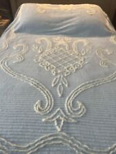 Vintage Blue White Floral Chenille Bedspread 87x100 Full Queen Grannycore READ picture