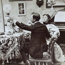 Antique 1897 Wife Dislikes Fancy Centerpiece Lamp Stereoview Photo Card P2002 picture
