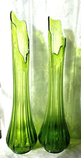 Mid Century Green Swung Glass Vase Set 2 Pcs Set Pair Ribbed 24