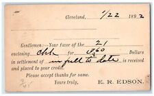 1892 E.R. Edson Cleveland Ohio OH AJ Griest Fleming Pennsylvania PA Postal Card picture