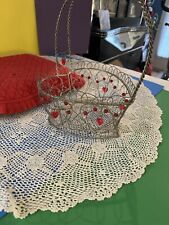 Vintage Silver Metal Heart Shaped Basket w/Red Heart Beads picture