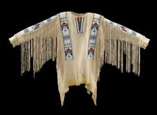 Old Style Beige Buckskin Leather Beaded Fringe Powwow Regalia War Shirt SXS138 picture