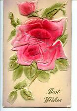 Pink Felt Novelty Rose Flower-Vintage Best Wishes Greeting 1909 Postcard picture