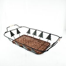 Farmhouse Green Brown Vintage Weave Wire Pine Tree Rectangle Basket Tray Handles picture