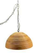 Vintage Large 1970’s Rattan Bamboo & Brass Loop Pendant 18 Inch Hanging Light picture