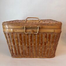 Vintage Picnic Basket with Handles & Latch Woven Bamboo Reed Wicker Storage picture