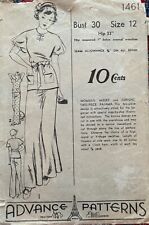 Vintage ‘40’s Advance Pattern # 1461 Women’s & Misses Two Piece Pajamas picture