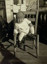 Baby In Stocking Cap Sitting In Chair On Porch B&W Photograph 3.25 x 4.25 picture
