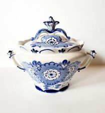 Vintage Russian GZHEL Blue & White Floral Ornate Soup Tureen w/ Lid & handles 5” picture
