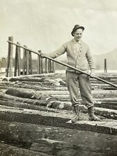 Y3 Photograph 1910-20's Logging Worker Floating Logs Pole Lumber Timber Boom picture