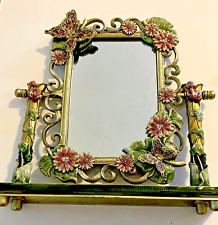 Small - Free Standing - Metal Enameled - Mirror w/ Butterflies & Floral Decor picture