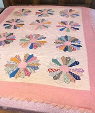 1930's Antique Dresden Plate Quilt ~ Vintage Blush Pink Feedsack Patchwork Quilt picture