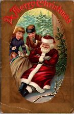 Christmas Postcard Children Sneaking Up on Sleeping Santa Claus Bag of Toys picture