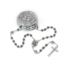 Antique Silver St Michael Black Hematite Stone Beads Rosary Necklace - Metal Box picture