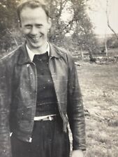 LC Photograph Handsome Man Portrait Leather Jacket Smiling Happy 1940-50's picture