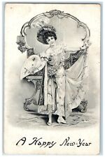 c1910's Happy New Year Pretty Woman Fan Mirror Embossed Antique Postcard picture