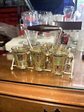 Vintage MCM Culver Valencia 22kt Gold And Green Shot Glass Set And Caddy Checker picture