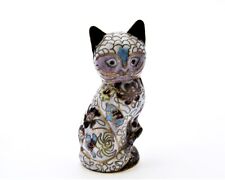 Vintage Cloisonne White Cat Figurine. Hand Painted Floral Design with Details. picture