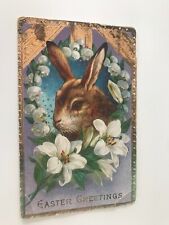 Easter Greetings Large Bunny in Lily Flowers Vintage Postcard picture
