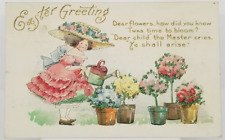 EASTER GREETINGS Little Girl Pink Dress Large Floral Hat Watering Trees Postcard picture