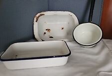 Lot of 3 Vintage White With Black & Blue enamelware picture
