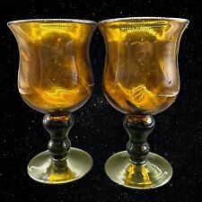 Art Glass Hand Blown Amber Green Base Drinking Goblets 2 Pc Set 6.5”T 3.5”W picture
