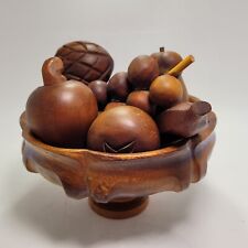 Vintage MCM Monkey Pod Wood Pedestal Bowl with 7 Pieces of Fruit 8