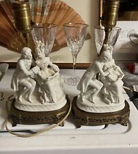 Pair Antique White Porcelain Victorian Courting Couple Mini Lamp picture