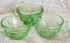 3 Green Vaseline Glass Depression Cups Block Optic Pattern 1930s Replacements picture