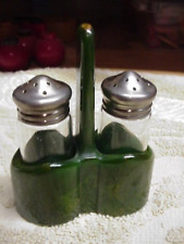 RARE Vintage GREEN MARBLED BAKELITE Salt/Pepper S&P  HOLDER w/Shakers EXC. COND. picture