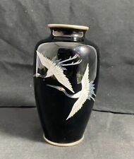 Vintage Sato Marked Japanese Cloisonné Black with White Crane Vase 4.75” NICE picture