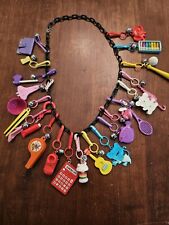 Vintage 1980s Bell Clip Charms Black Plastic Chain Necklace with 21 Charms picture
