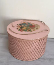 Vintage 1940s Princess Pink Wicker & Wood Round Sewing Basket Box Nice Condition picture