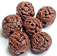 6 Antique Chinese Hediao Prayer Beads 10mm Buddhist Hand Carved Olive Pit Beads picture