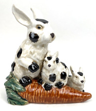 Vintage Bunny Rabbit Babies Carrot Majolica Large Pottery Glazed 9x9 Centerpiece picture