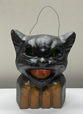 vintage halloween chalkware  black cat on fence lantern SK Kay Stamm Folk Art picture