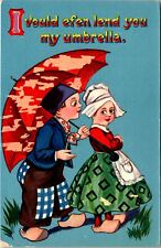 Postcard Dutch Kids Circa 1910 Wooden Shoes Umbrellas H B82 picture