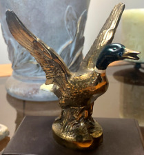 Vintage Brass Mallard Duck Taking Flight on Bronze Base Heavy at 2 lbs. 8 oz. picture