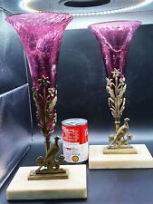 AMAZING Victorian Cranberry Swirl Trumpet Vases Metal Ornate Holders Marble Base picture