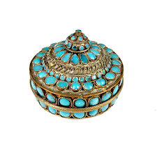 Vintage India Sudha Hand Crafted Turquoise Jeweled Brass Trinket Jewelry Box picture